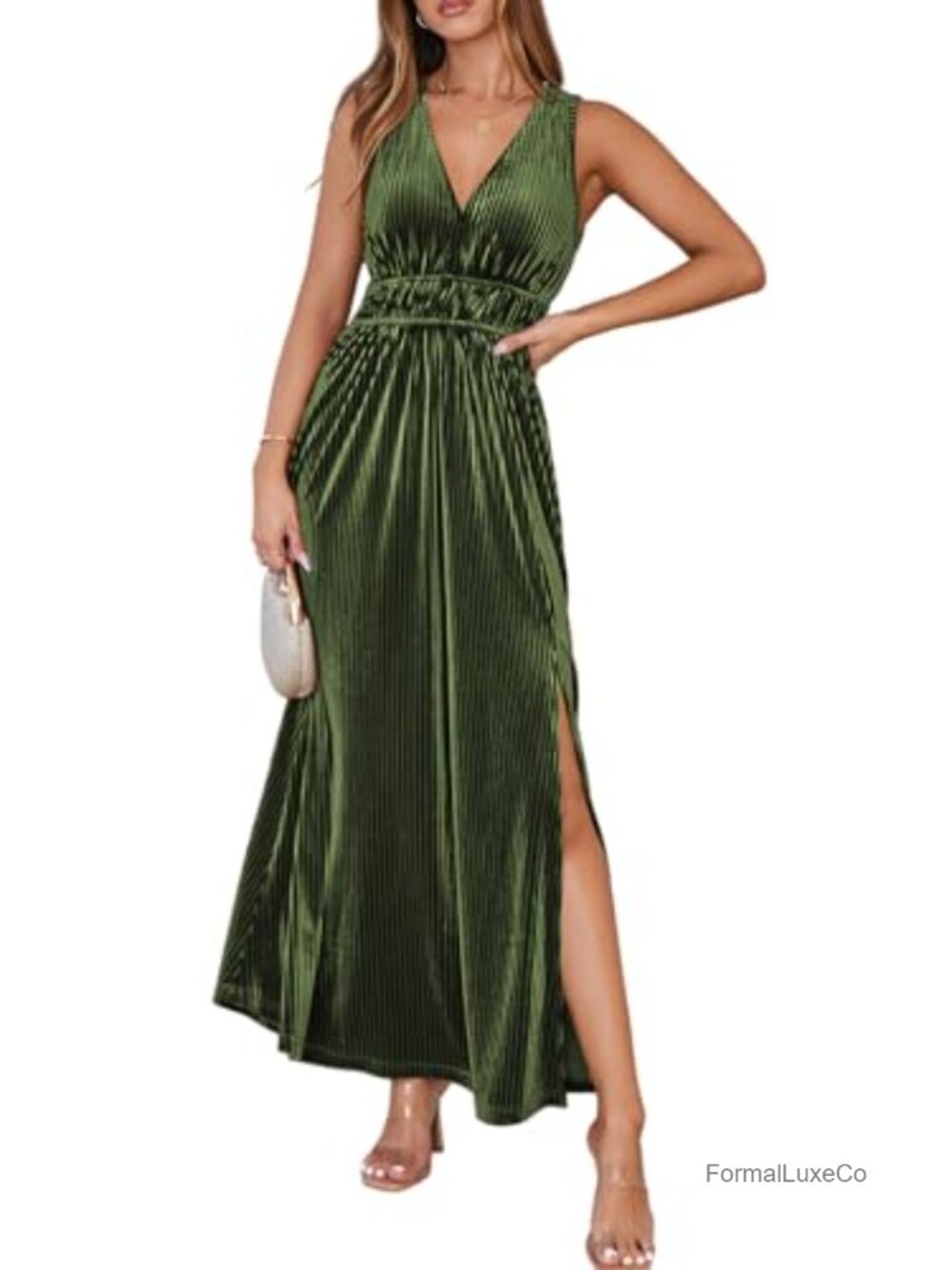 Velvet Maxi Dress Sleeveless High Slit V-Neck Formal Cocktail